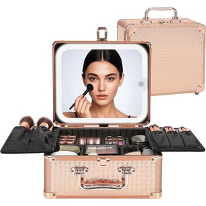 Relavel Makeup Bag with LED Mirror, Makeup Box Travel Train Case with Rechargeable Lighted Mirror & Adjustable Dividers, Cosmetic Brush Organizer Storage for Makeup Artists Gifts for Women and Girls(C-Rose Gold)