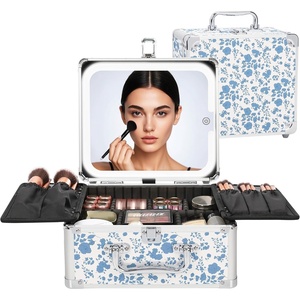 Relavel Makeup Bag with LED Mirror, Makeup Box Travel Train Case with Rechargeable Lighted Mirror & Adjustable Dividers, Cosmetic Brush Organizer Storage for Makeup Artists Gifts for Women and Girls(Floral Print)