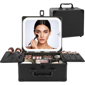 Relavel Makeup Bag with LED Mirror, Makeup Box Travel Train Case with Rechargeable Lighted Mirror & Adjustable Dividers, Cosmetic Brush Organizer Storage for Makeup Artists Gifts for Women and Girls(Black)