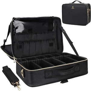 Relavel Makeup Case Large Makeup Bag Professional Train Case 16.5 inches Travel Cosmetic Organizer Brush Holder Waterproof Makeup Artist Storage Box, 3 Layer Large Capacity, with Adjustable Strap(Black Leather)