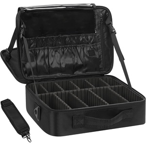 Relavel Makeup Case Large Makeup Bag Professional Train Case 16.5 inches Travel Cosmetic Organizer Brush Holder Waterproof Makeup Artist Storage Box, 3 Layer Large Capacity, with Adjustable Strap(Black M/L)