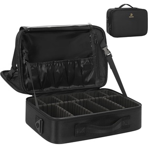 Relavel Makeup Case Large Makeup Bag Professional Train Case 16.5 inches Travel Cosmetic Organizer Brush Holder Waterproof Makeup Artist Storage Box, 3 Layer Large Capacity, with Adjustable Strap(m Black)
