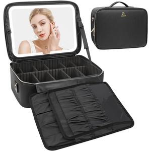 Relavel Makeup Case Large Makeup Bag Professional Train Case 16.5 inches Travel Cosmetic Organizer Brush Holder Waterproof Makeup Artist Storage Box, 3 Layer Large Capacity, with Adjustable Strap(with led mirror black)