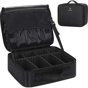 Relavel Makeup Case Large Makeup Bag Professional Train Case 16.5 inches Travel Cosmetic Organizer Brush Holder Waterproof Makeup Artist Storage Box, 3 Layer Large Capacity, with Adjustable Strap(Black S/M)