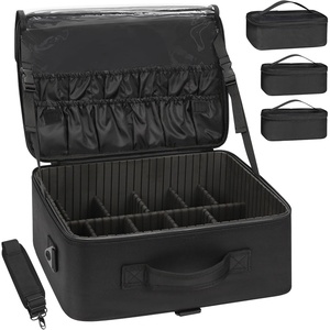 Relavel Makeup Case Large Makeup Bag Professional Train Case 16.5 inches Travel Cosmetic Organizer Brush Holder Waterproof Makeup Artist Storage Box, 3 Layer Large Capacity, with Adjustable Strap(black with 3 clear bags)