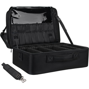 Relavel Makeup Case Large Makeup Bag Professional Train Case 16.5 inches Travel Cosmetic Organizer Brush Holder Waterproof Makeup Artist Storage Box, 3 Layer Large Capacity, with Adjustable Strap(pro black)