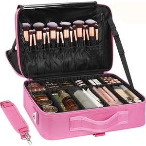 Relavel Makeup Case Large Makeup Bag Professional Train Case 16.5 inches Travel Cosmetic Organizer Brush Holder Waterproof Makeup Artist Storage Box, 3 Layer Large Capacity, with Adjustable Strap(Rose Pink)