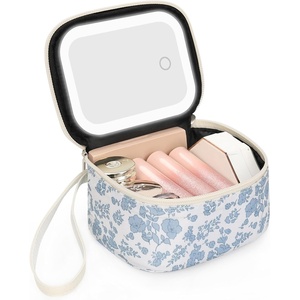 Relavel Mini Makeup Bag with Led Mirror, Small Floral Cosmetic Bag with 3 Light Modes, Rechargeable Portable Makeup Pouch with Hands-Free Wrist Strap for Pool Parties丨Work Touch-Ups丨Travel(01A-Blue Flower)