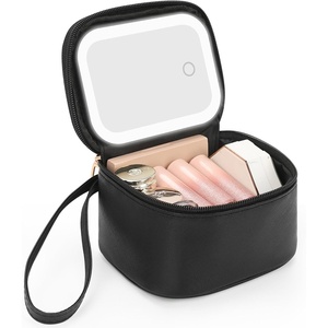 Relavel Mini Makeup Bag with Led Mirror, Small Floral Cosmetic Bag with 3 Light Modes, Rechargeable Portable Makeup Pouch with Hands-Free Wrist Strap for Pool Parties丨Work Touch-Ups丨Travel(01-Black)
