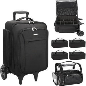 Relavel Rolling Makeup Case with 4 Small Makeup Bags, Large Make Up Travel Organizer with 2 big Wheels, Professional Lockable Makeup Artist Backpack with Adjustable Dividers for Daily Use – Black(1-Black+Brush Case(6th Gen))