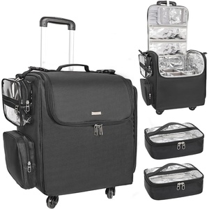 Relavel Rolling Makeup Train Case, Hairstylist Traveling Bag with 4 Wheels, Heat Insulation Full Layer, Adjustable Dividers, Hair Tools and Cosmetics Storage Organizer Trolley Suitcase Makeup Cart(Black)