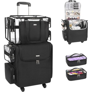 Relavel Rolling Makeup Train Case, Hairstylist Traveling Bag with 4 Wheels, Heat Insulation Full Layer, Adjustable Dividers, Hair Tools and Cosmetics Storage Organizer Trolley Suitcase Makeup Cart(Black-large clear makeup bag)