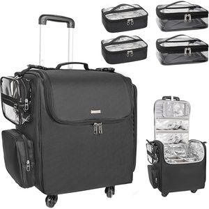 Relavel Rolling Makeup Train Case, Hairstylist Traveling Bag with 4 Wheels, Heat Insulation Full Layer, Adjustable Dividers, Hair Tools and Cosmetics Storage Organizer Trolley Suitcase Makeup Cart(Black-4 pcs clear bags)