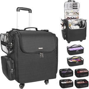 Relavel Rolling Makeup Train Case, Hairstylist Traveling Bag with 4 Wheels, Heat Insulation Full Layer, Adjustable Dividers, Hair Tools and Cosmetics Storage Organizer Trolley Suitcase Makeup Cart(Black-6 pcs clear bags)