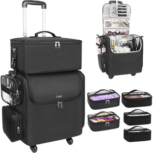 Relavel Rolling Makeup Train Case, Hairstylist Traveling Bag with 4 Wheels, Heat Insulation Full Layer, Adjustable Dividers, Hair Tools and Cosmetics Storage Organizer Trolley Suitcase Makeup Cart(Black-large makeup case)