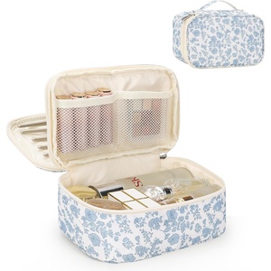 Relavel Travel Makeup Bag, Large Floral Cosmetic Bag with Makeup Brush Compartment, Portable Makeup Pouch for Women, Double Layer Makeup Organizer Bag Cute Toiletry Bag(01-Blue Flower)