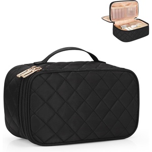 Relavel Travel Makeup Bag, Large Floral Cosmetic Bag with Makeup Brush Compartment, Portable Makeup Pouch for Women, Double Layer Makeup Organizer Bag Cute Toiletry Bag(01-Black)