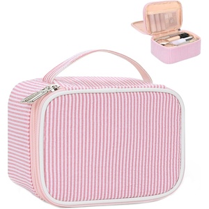 Relavel Travel Makeup Bag, Large Floral Cosmetic Bag with Makeup Brush Compartment, Portable Makeup Pouch for Women, Double Layer Makeup Organizer Bag Cute Toiletry Bag(01-Pink Strip)