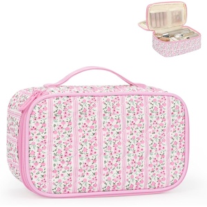 Relavel Travel Makeup Bag, Large Floral Cosmetic Bag with Makeup Brush Compartment, Portable Makeup Pouch for Women, Double Layer Makeup Organizer Bag Cute Toiletry Bag(01C-Floral Pink)