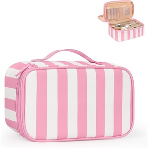 Relavel Travel Makeup Bag, Large Floral Cosmetic Bag with Makeup Brush Compartment, Portable Makeup Pouch for Women, Double Layer Makeup Organizer Bag Cute Toiletry Bag(01B-Wide Strip)