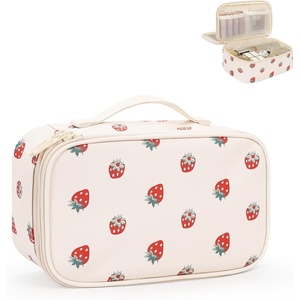 Relavel Travel Makeup Bag, Large Floral Cosmetic Bag with Makeup Brush Compartment, Portable Makeup Pouch for Women, Double Layer Makeup Organizer Bag Cute Toiletry Bag(01A-Strawberry)