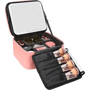 Relavel Travel Makeup Bag With LED Mirror, 16.2″ Large Makeup Train Case, 3 Color Scenarios Adjustable Brightness, Waterproof Makeup Train Case Organizer with DIY Dividers for Makeup Artist, Black(01-Pink)