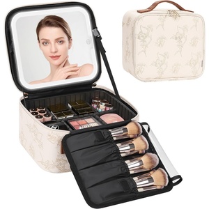 Relavel Travel Makeup Bag With LED Mirror, 16.2″ Large Makeup Train Case, 3 Color Scenarios Adjustable Brightness, Waterproof Makeup Train Case Organizer with DIY Dividers for Makeup Artist, Black(03-Lily Flower)