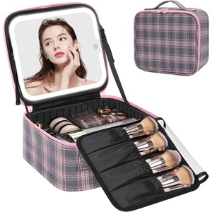 Relavel Travel Makeup Bag With LED Mirror, 16.2″ Large Makeup Train Case, 3 Color Scenarios Adjustable Brightness, Waterproof Makeup Train Case Organizer with DIY Dividers for Makeup Artist, Black(03-Grey Strip)
