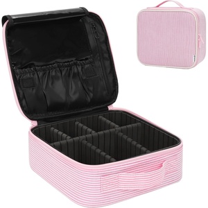 Relavel Travel Makeup Train Case, Portable Cosmetic Case Makeup Organizer, Professional Artist Storage Bag with Adjustable Dividers for Cosmetics Brushes, Birthday Gifts for Girls, Pink Stripe(Pink Pinstripe)
