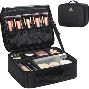 Relavel Travel Makeup Train Case, Portable Cosmetic Case Makeup Organizer, Professional Artist Storage Bag with Adjustable Dividers for Cosmetics Brushes, Birthday Gifts for Girls, Pink Stripe(Black S/M)