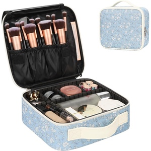 Relavel Travel Makeup Train Case, Portable Cosmetic Case Makeup Organizer, Professional Artist Storage Bag with Adjustable Dividers for Cosmetics Brushes, Birthday Gifts for Girls, Pink Stripe(White Floral Print)