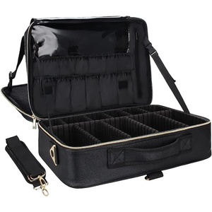 Relavel Travel Makeup Train Case, Portable Cosmetic Case Makeup Organizer, Professional Artist Storage Bag with Adjustable Dividers for Cosmetics Brushes, Birthday Gifts for Girls, Pink Stripe(Black Leather)