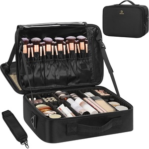 Relavel Travel Makeup Train Case, Portable Cosmetic Case Makeup Organizer, Professional Artist Storage Bag with Adjustable Dividers for Cosmetics Brushes, Birthday Gifts for Girls, Pink Stripe(Black M/L)