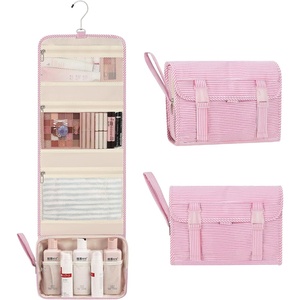 Small Hanging Toiletry Bag for Men and Women, Portable Hanging Organizer for Travel-Sized Shower Dopp Kit, Makeup Accessories, Waterproof Toiletries Organizer with 3 Compartments for Outdoor – Black(02 Pink Strip)