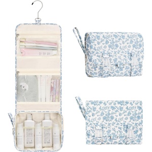 Small Hanging Toiletry Bag for Men and Women, Portable Hanging Organizer for Travel-Sized Shower Dopp Kit, Makeup Accessories, Waterproof Toiletries Organizer with 3 Compartments for Outdoor – Black(01 Blue Flower)